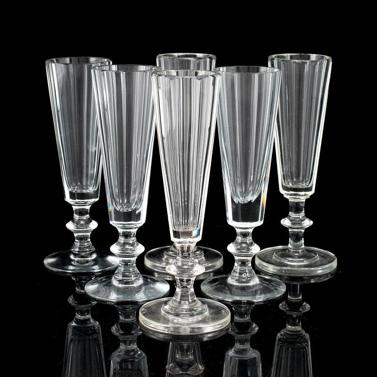 Six champagne glasses, 19th century.