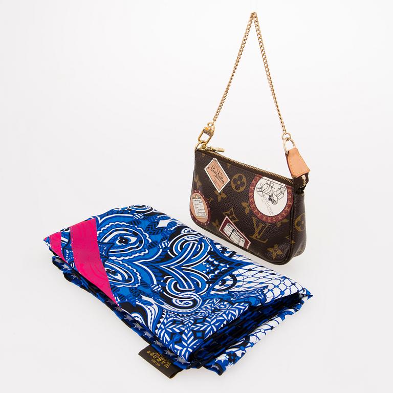 LOUIS VUITTON Silk Scarf with Monogram Patch Mini Pochette Bag.