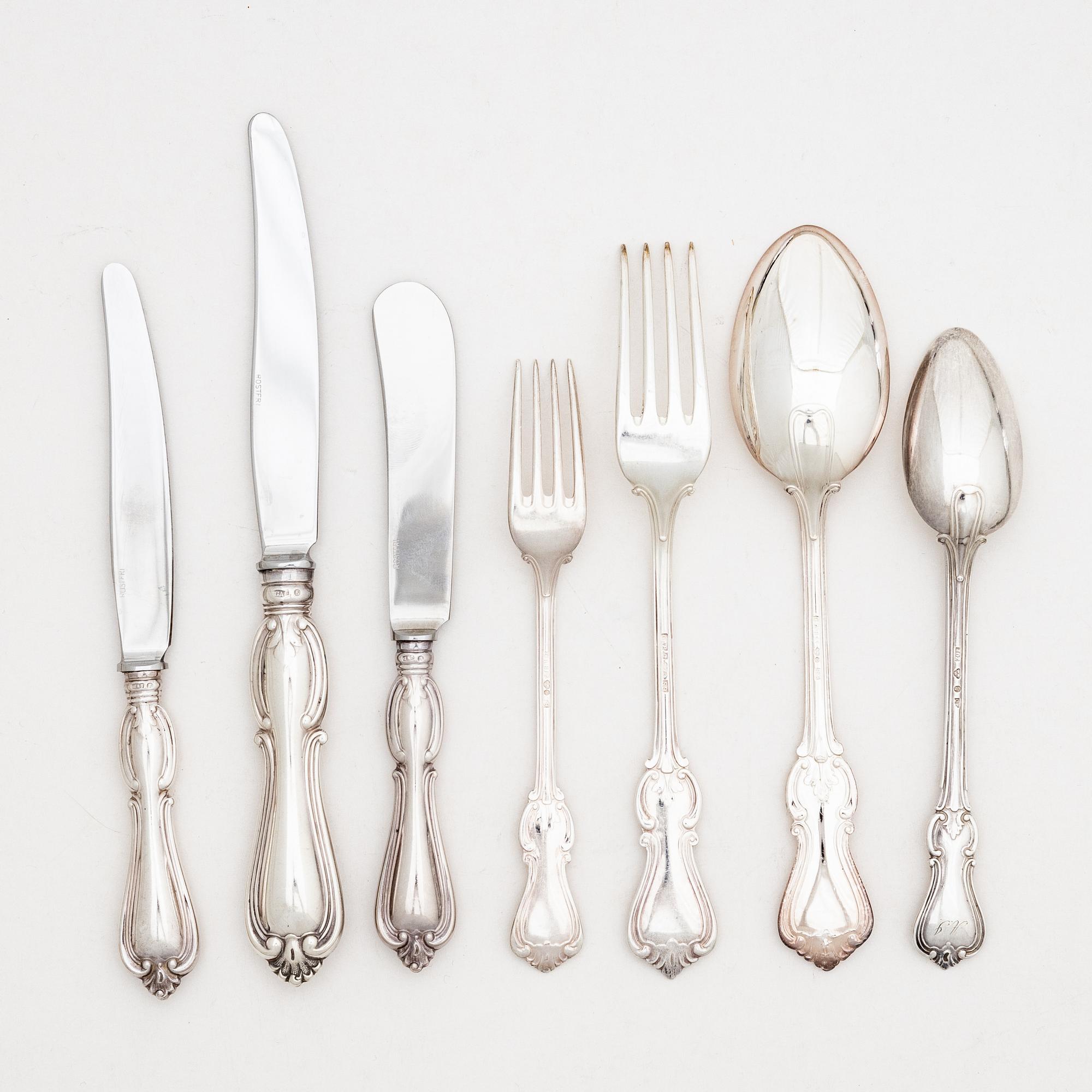 Bestickuppsättning, 79 delar, silver, modell "Olga", bl a JO Zetterström, Göteborg 1881.