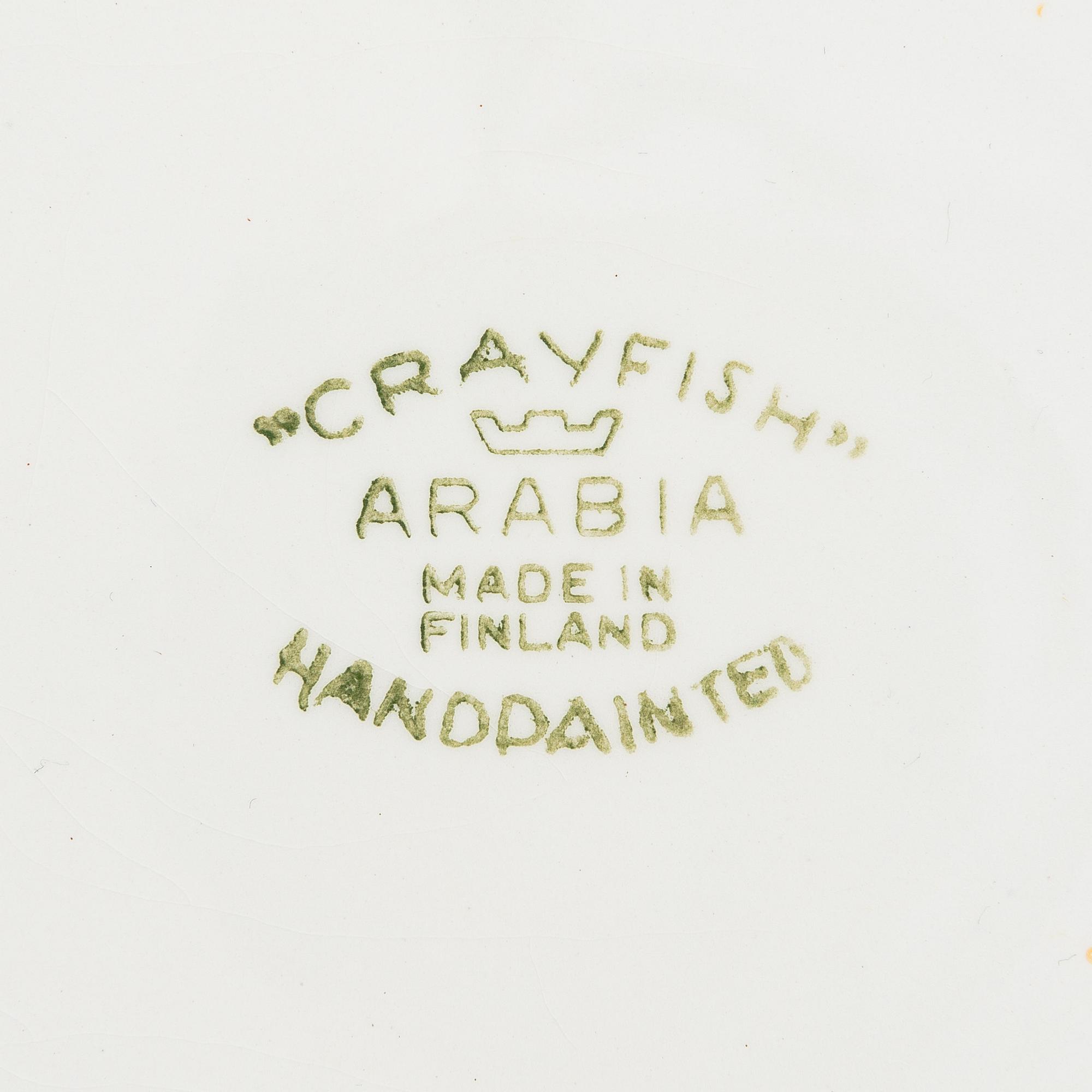 Anja Juurikkala, tallrikar, 6 st, porslin "Crayfish", Arabia. I produktion 1953-1960.