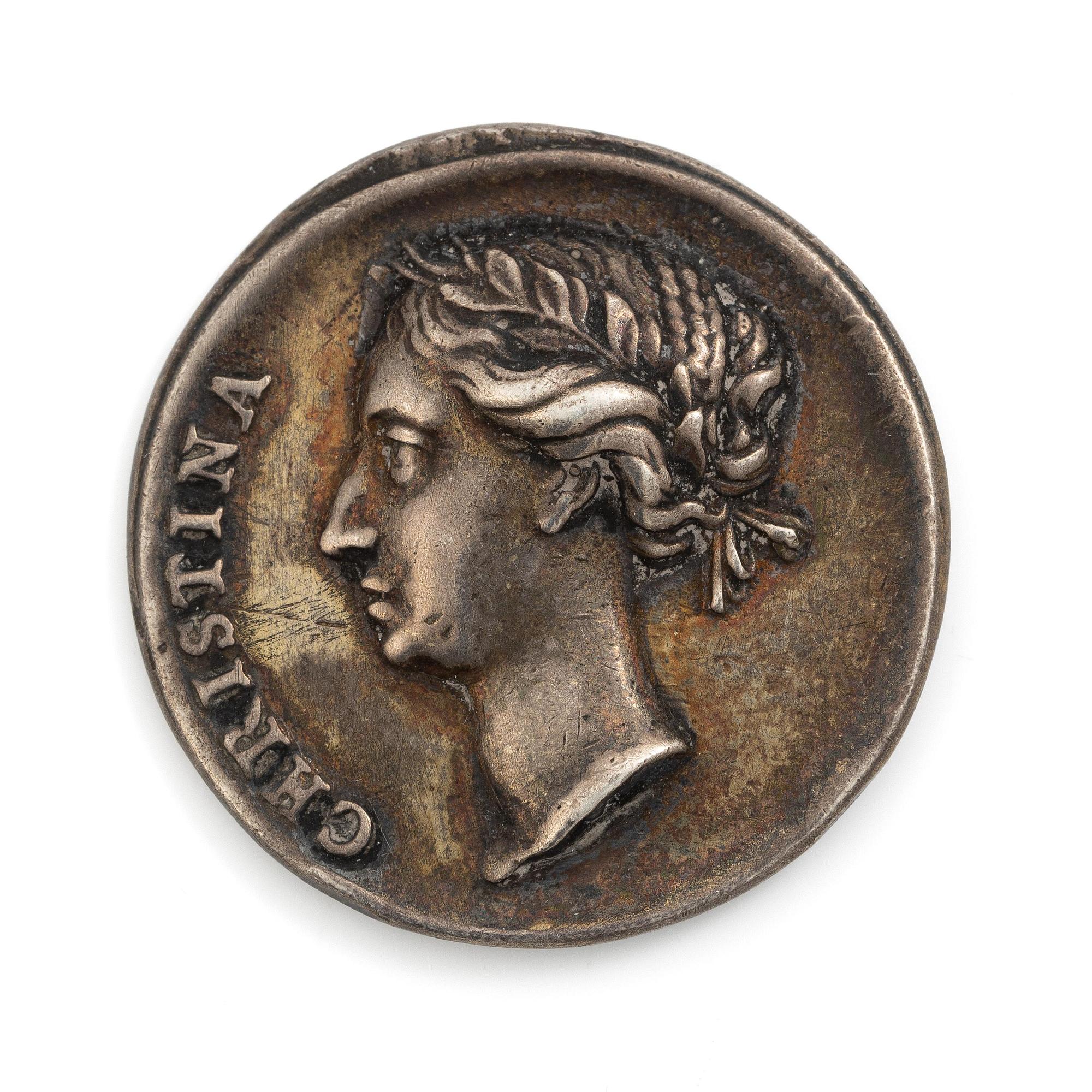 A coin commemorating Christina of Sweden's coronation 1650, by Erich Parise (medal engraver, fl. mid 17th century).