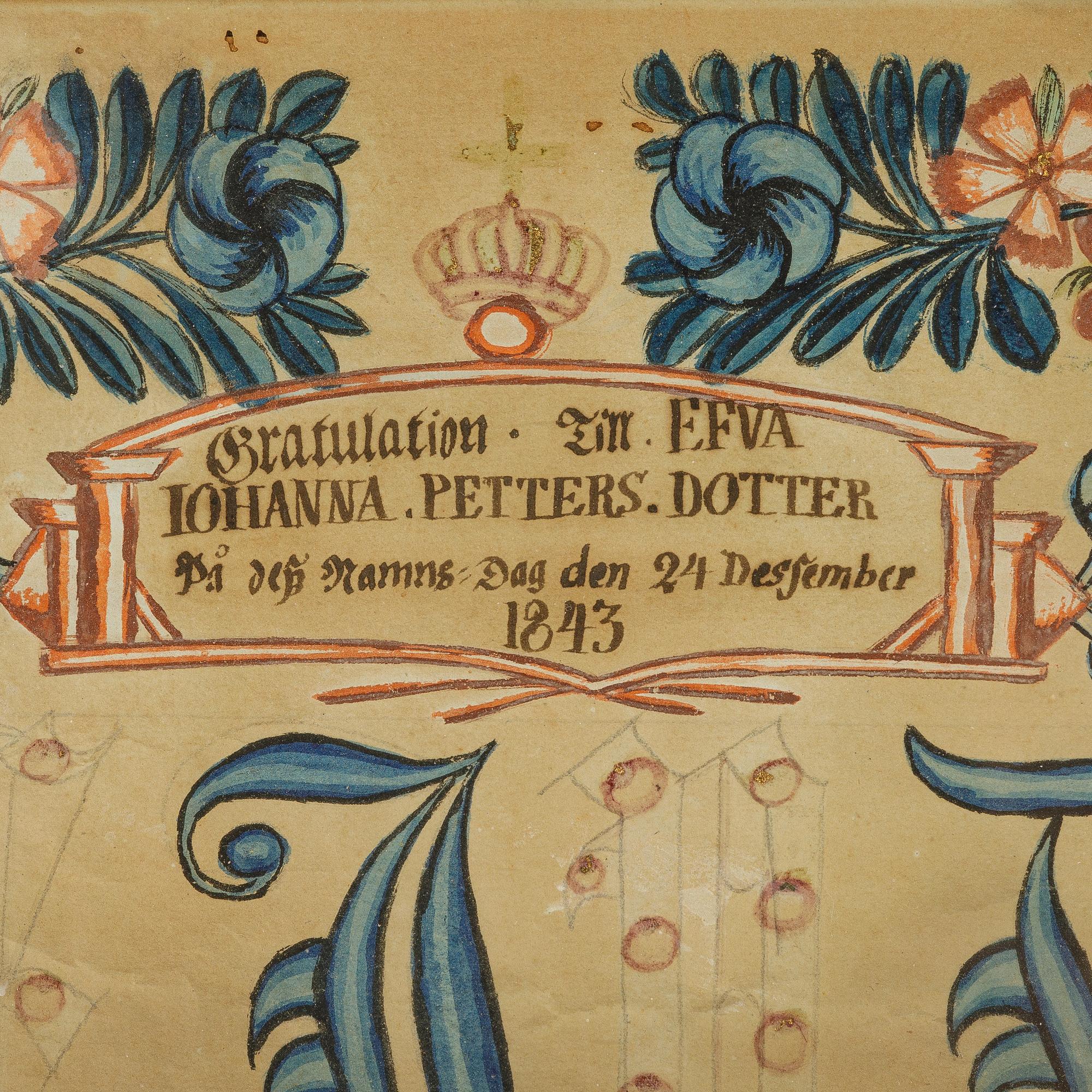 A set of three folk art commemorative paintings, 19th century.