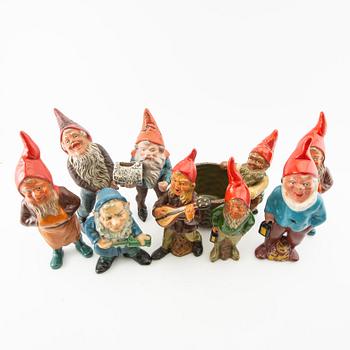 Gnomes 9 pcs mostly Germany mid/second half of the 20th century painted terracotta.