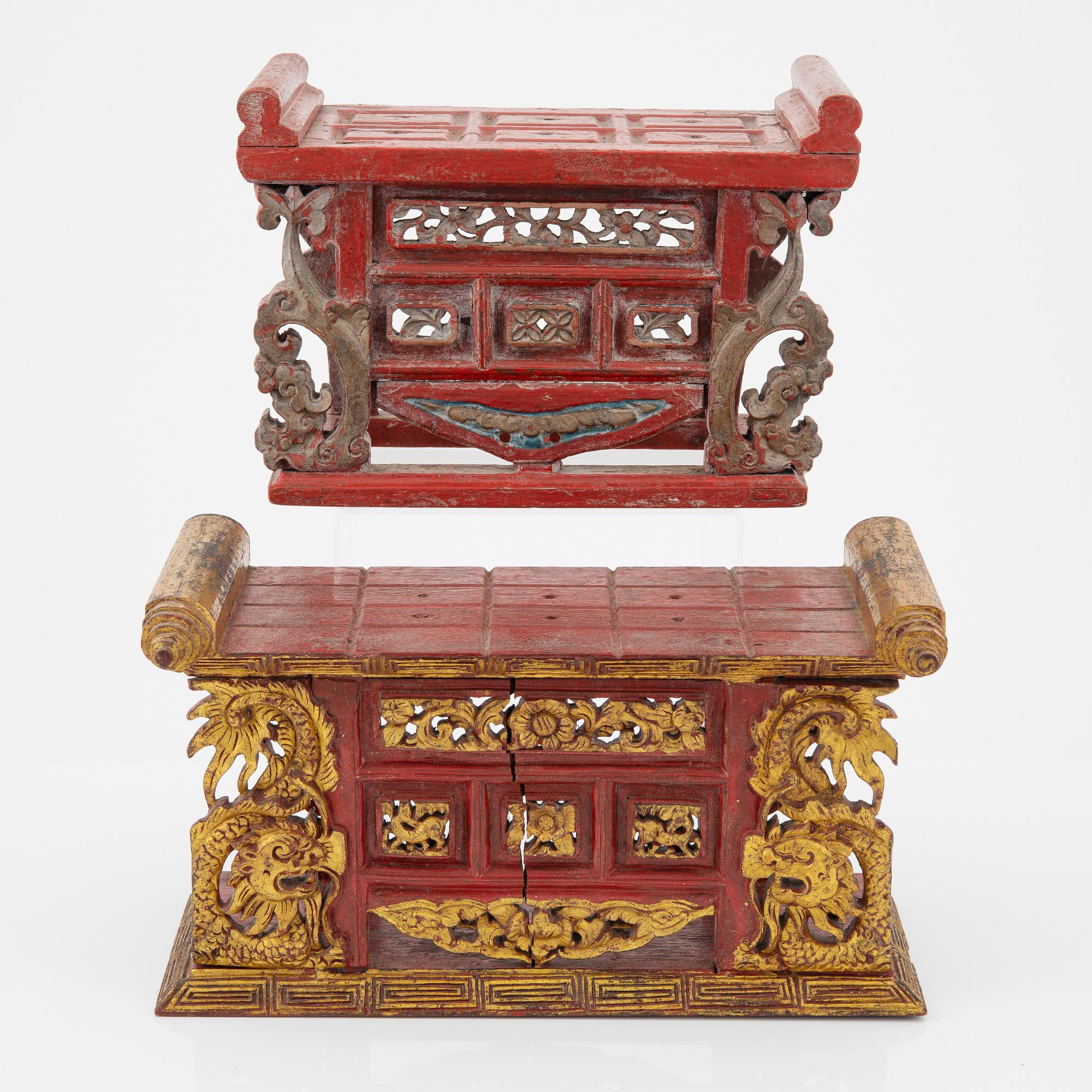 Two red lacquer and gilded altar tables, Indonesia, Jakarta, 20th Century.