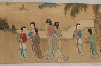 A fine painting of 100 ladies and attendants in a palace garden, and with calligraphy, late Qing dynasty (1644-1912).