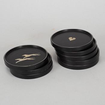 COASTERS, 8 st, silver och bakelit, Perstorp, 1950-tal.