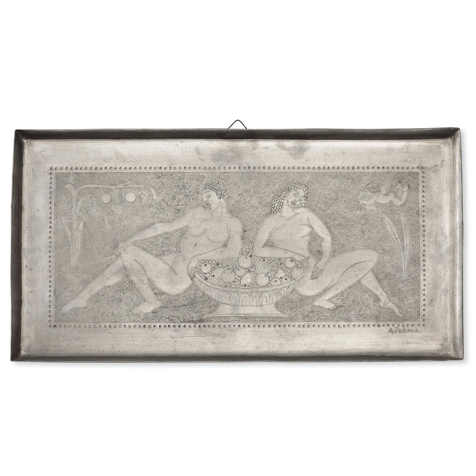 Anna Petrus, an engraved Swedish Grace pewter tray, Stockholm, early 1920's. this model was shown at The Paris Exhibition 1925.