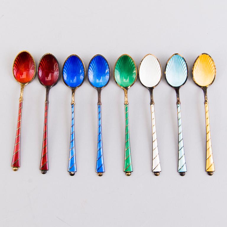 EGON LAURIDSEN, Eight parcel gilt and enamelled sterling silver coffee spoons, Copenhagen, Denmark.
