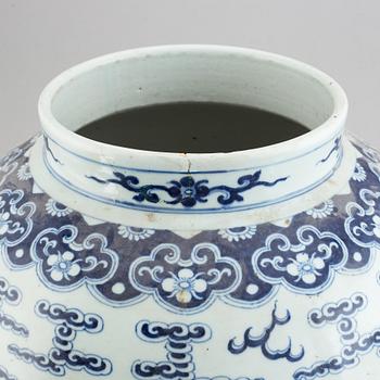 A large blue and white jar with cover, China, 20th Century.