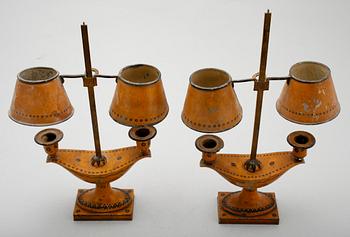 A pair of tole lamps, first half 19th century.