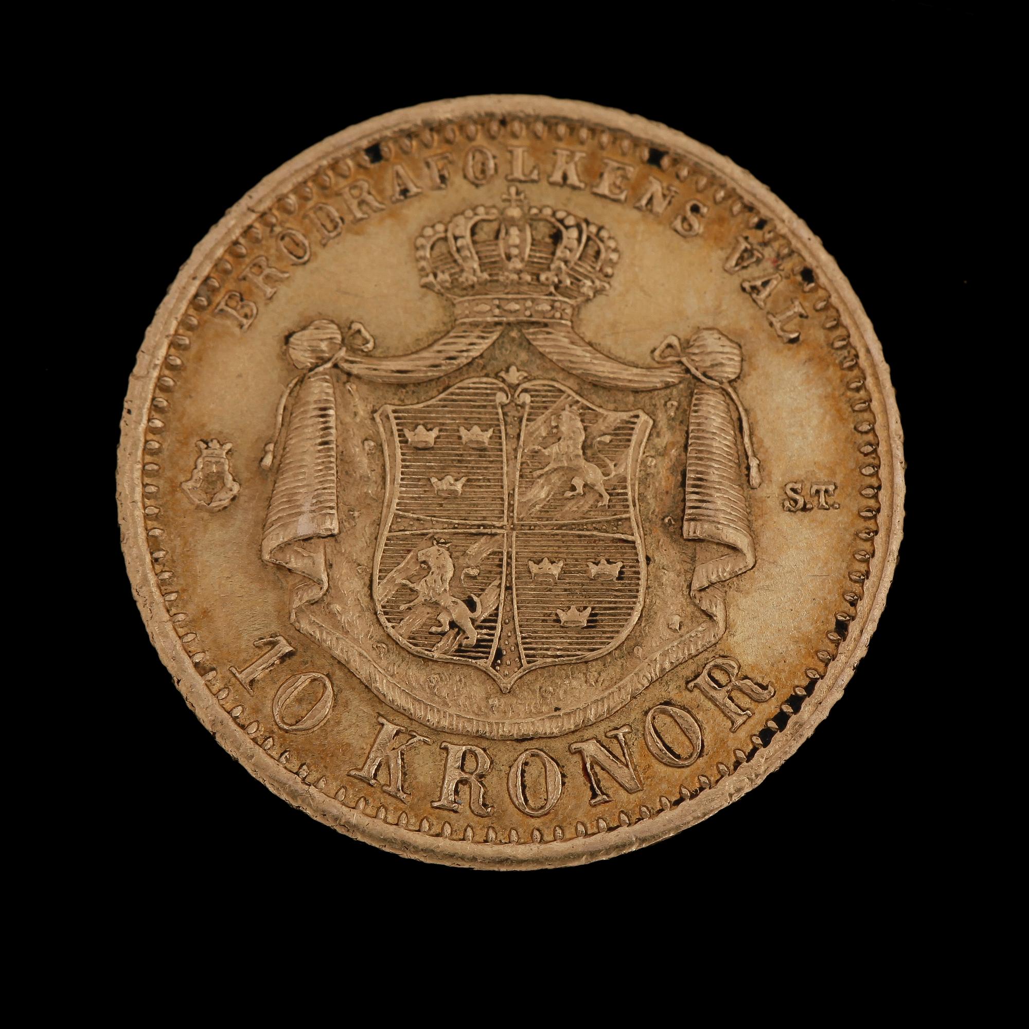 GULDMYNT, Konung Oscar II, 1886. Tot vikt ca 3 gram.