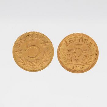 Guldmynt 2 st 5 kronor Oscar II Sverige och Norge 1894 samt Gustaf V Sverige 1920.