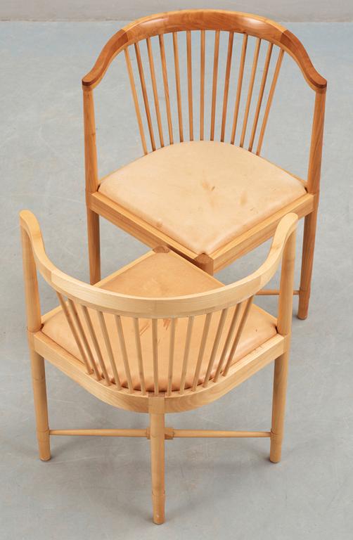 A pair of Børge Mogensen 'Ruder Konge' cherry and beige leather chairs, Søborg Møbelfabrik, Denmark.