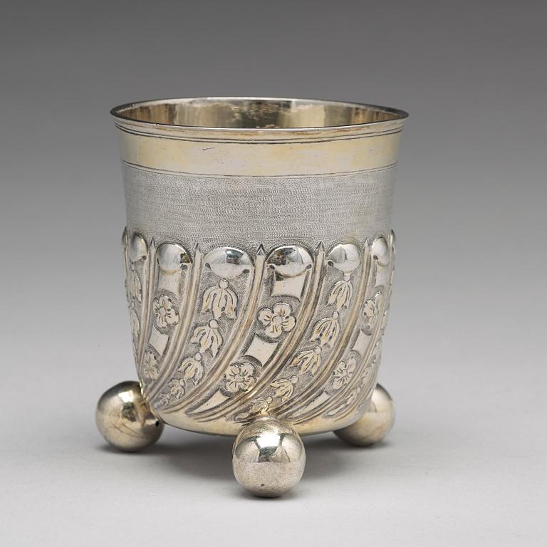 A Russian 18th century pacel-gilt silver beaker, unidentified makers mark, Moscow 1737.