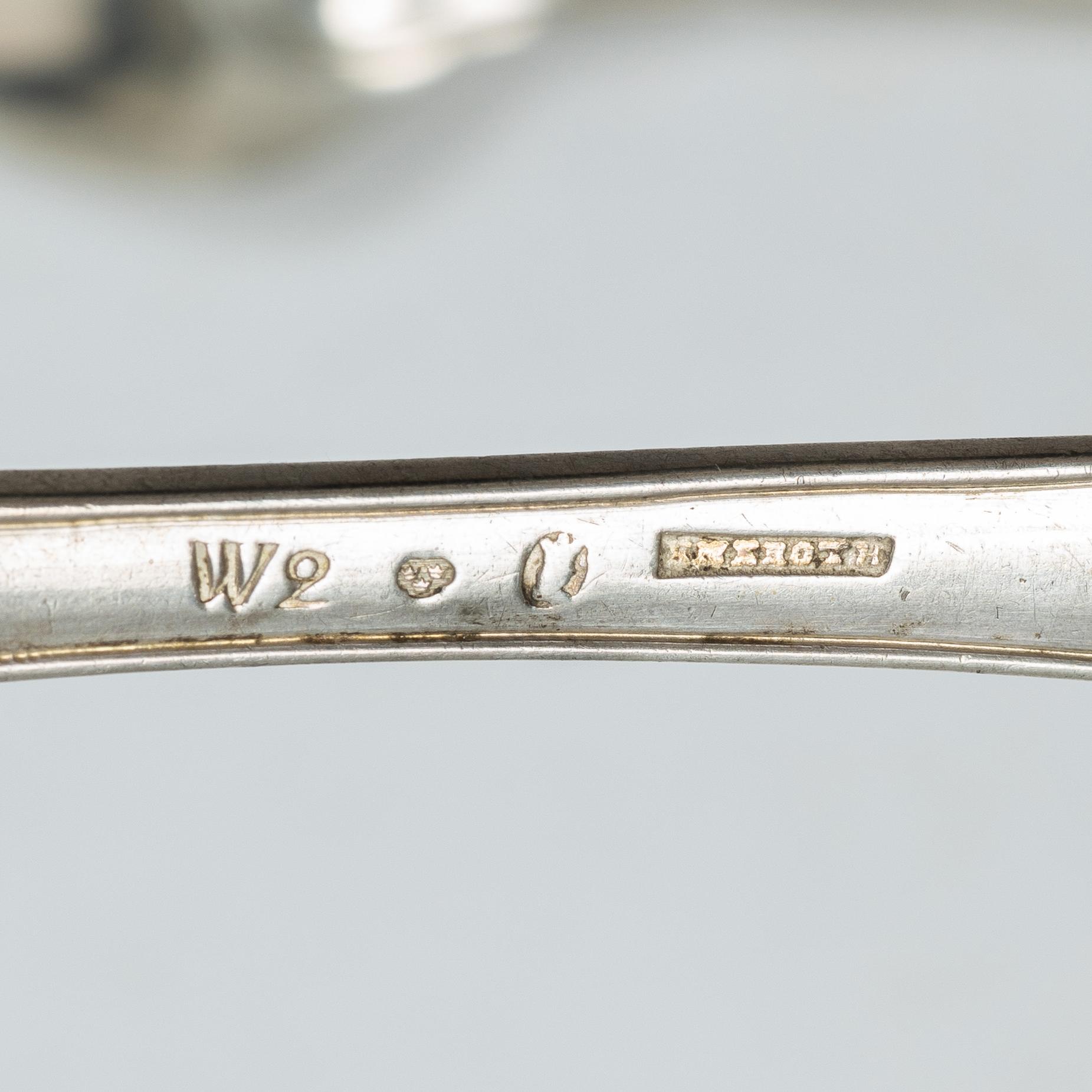 Five Swedish silver tablespoons, Stockholm, 1800–1825.