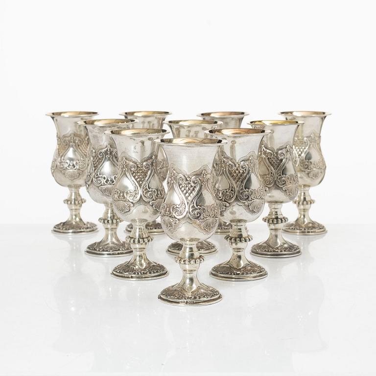 Champagnekalkar, 10 st, sterlingsilver, rokokostil, 1900-tal.