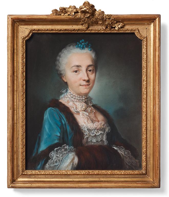 Jean-Baptiste Perroneau Circle of, Portrait of a lady in a blue dress.