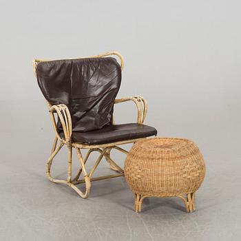 A BAMBOO ARMCHAIR WITH STOOL.