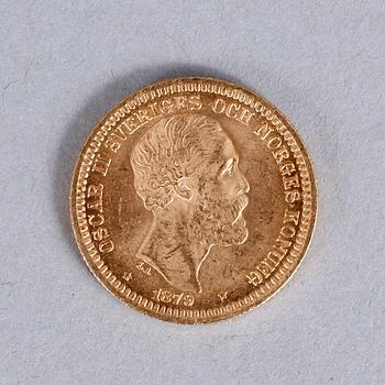 GULDMYNT, 20 kronor, Oscar II, 1879. Vikt ca 9 gram.