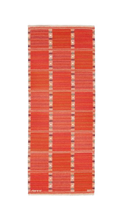 Barbro Nilsson, A runner, "Falurutan, röd Borås", flat weave, ca 205 x 83 cm, signed AB MMF BN.