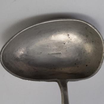 FOUR PEWTER AND SHELL SOUP LADLES, 18th/19th century.