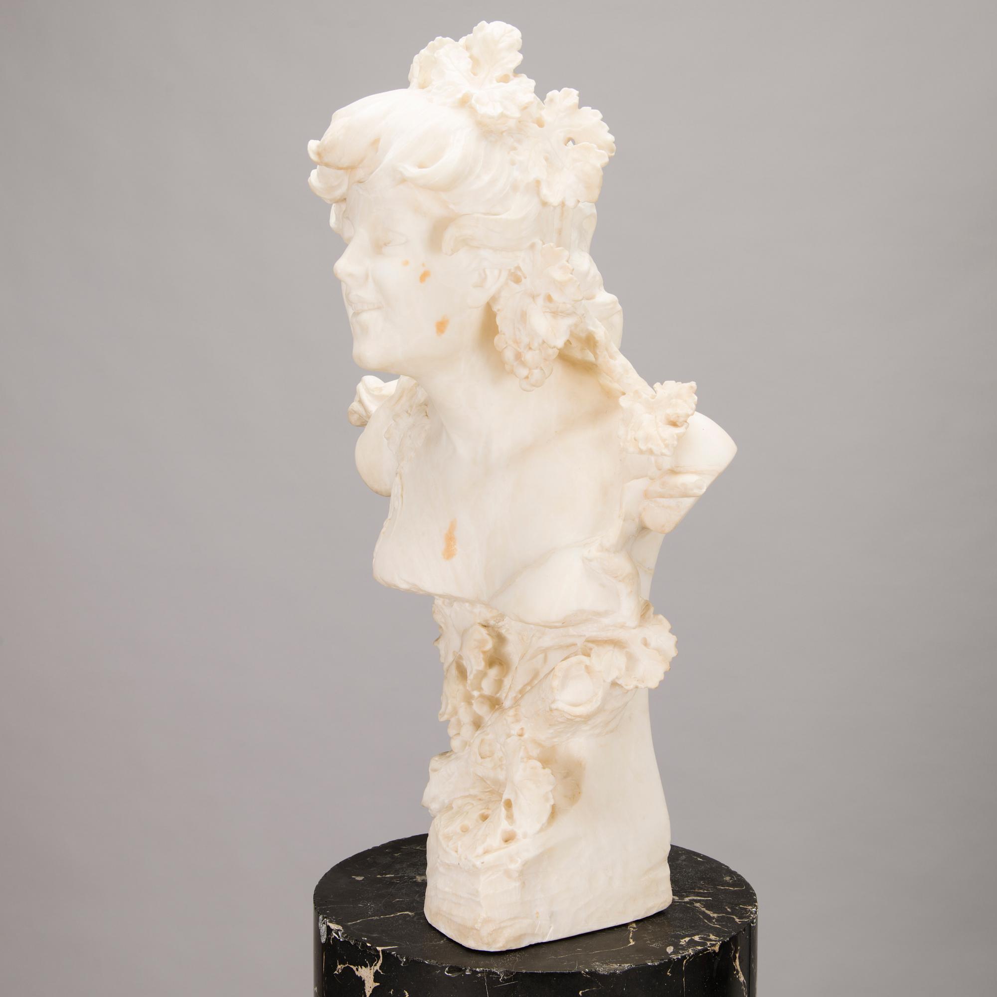 AN RENÉ CHARLES MASSÉ, "Allegorie de la vigne", after, signed female alabaster bust on a pedestal.