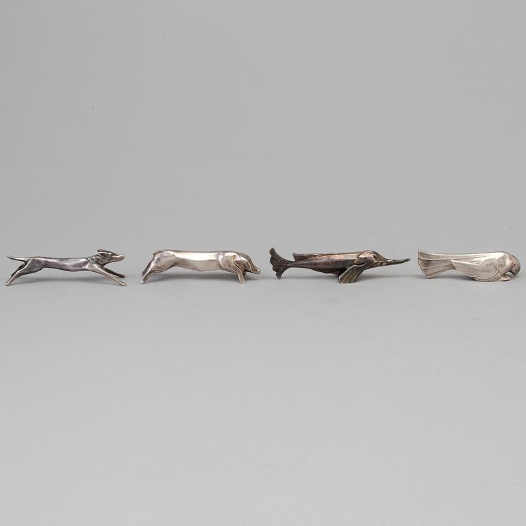 12 silver plated animal-shaped knife rests designed by Marcel Edouard Sandoz for Gallia Christofle, France.