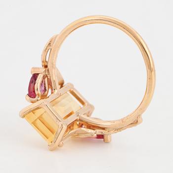 Citrine, pink tourmaline and diamond ring.