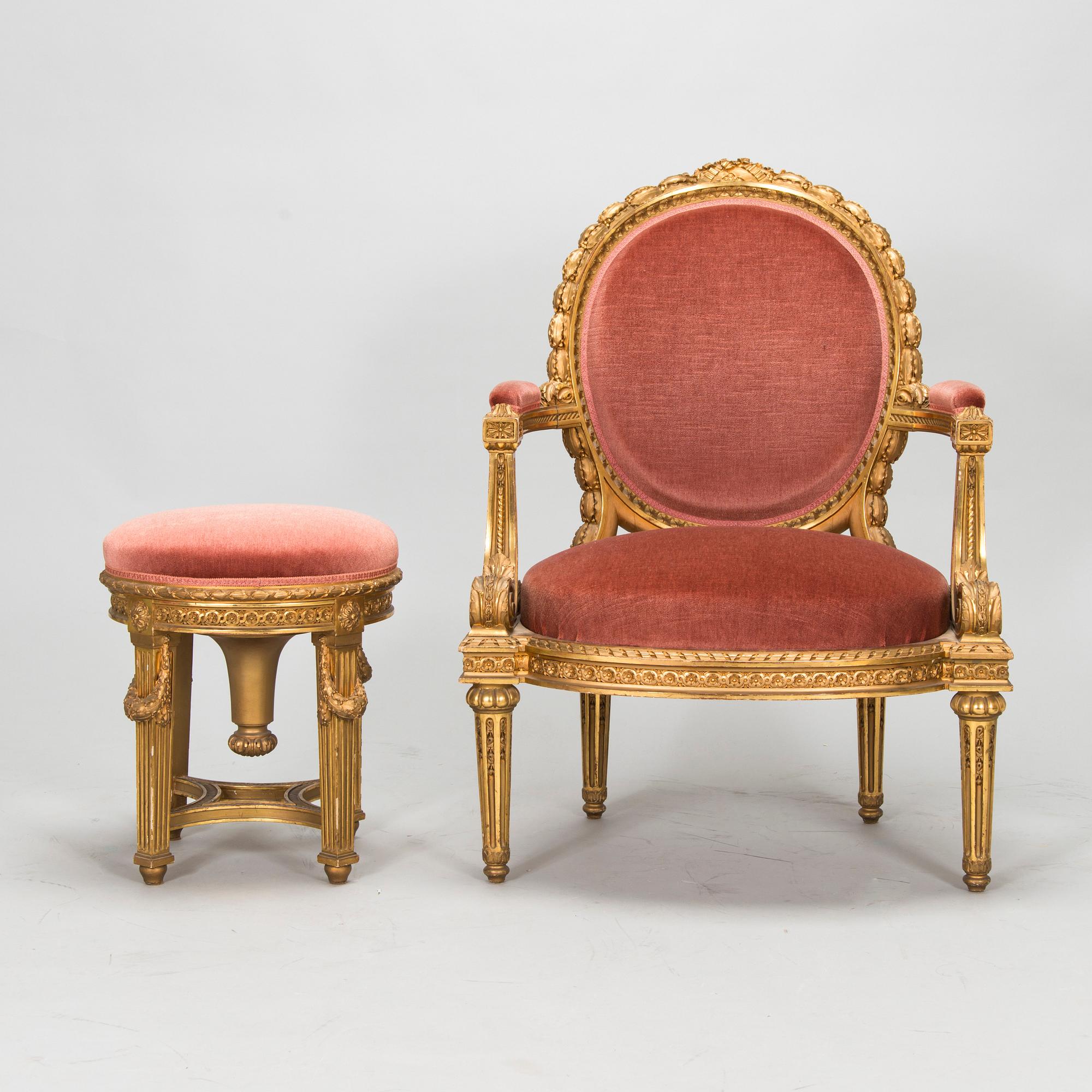 Armchair and stool, Louis XVI style, circa 1900.