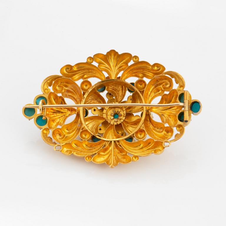 Garnityr, brosch samt örhängen, guld med turkoser. Empire.