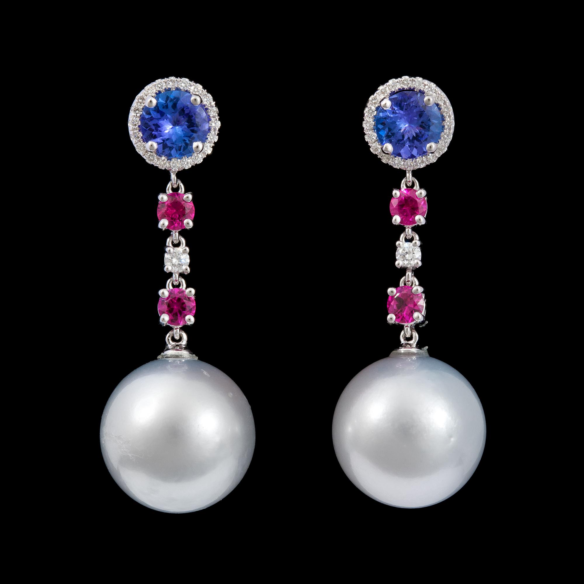 A pair of cultured South sea pearl, tanzanite, ruby and brilliant cut diamond earrings.
