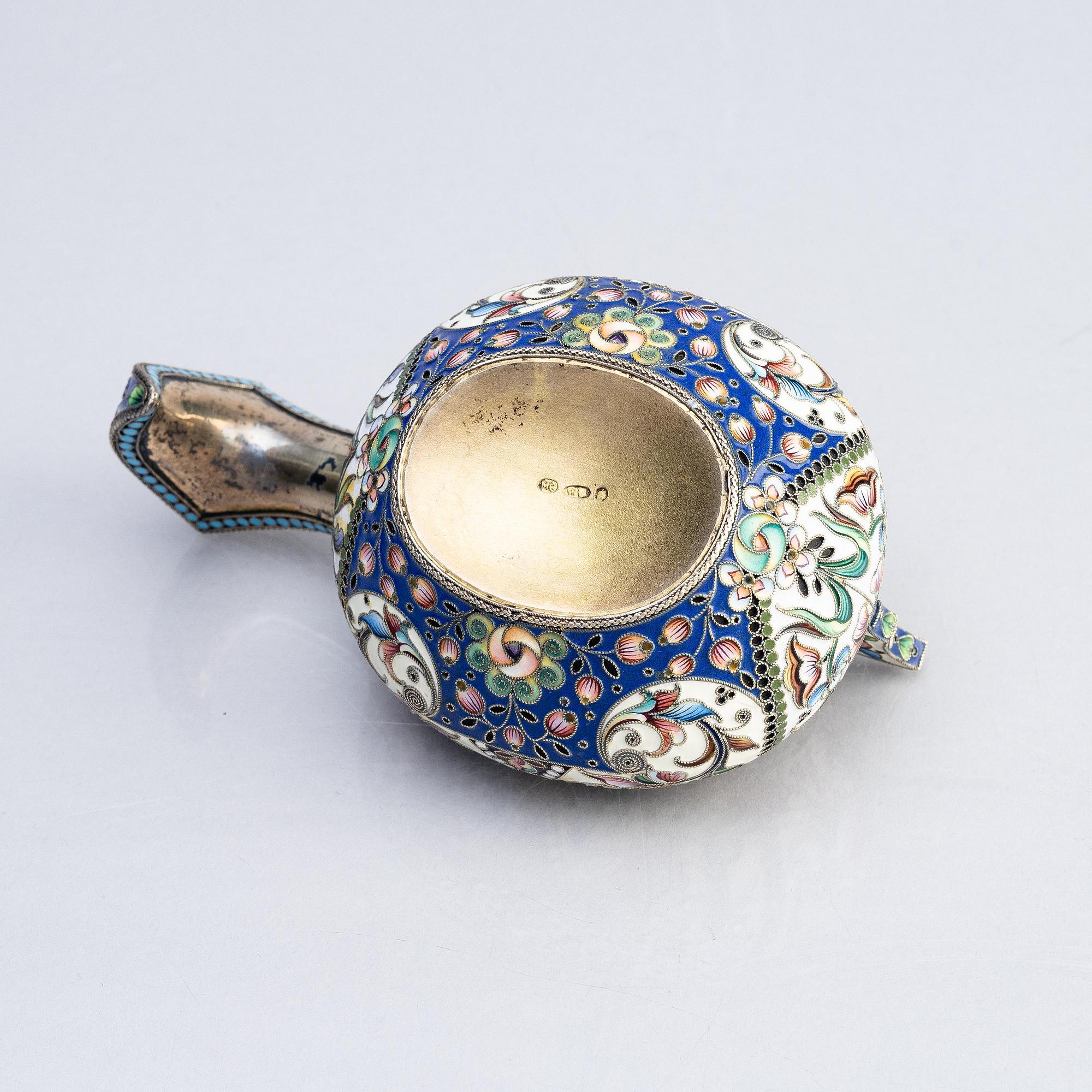 A silver and enamel kovsch, maker's mark Maria Semenova, Moscow 1908 - 1917.