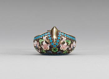 A RUSSIAN SILVER-GILT AND ENAMEL KOVSH, makers mark of Petrovich Chlebnikov, Moscow 1908-1917.