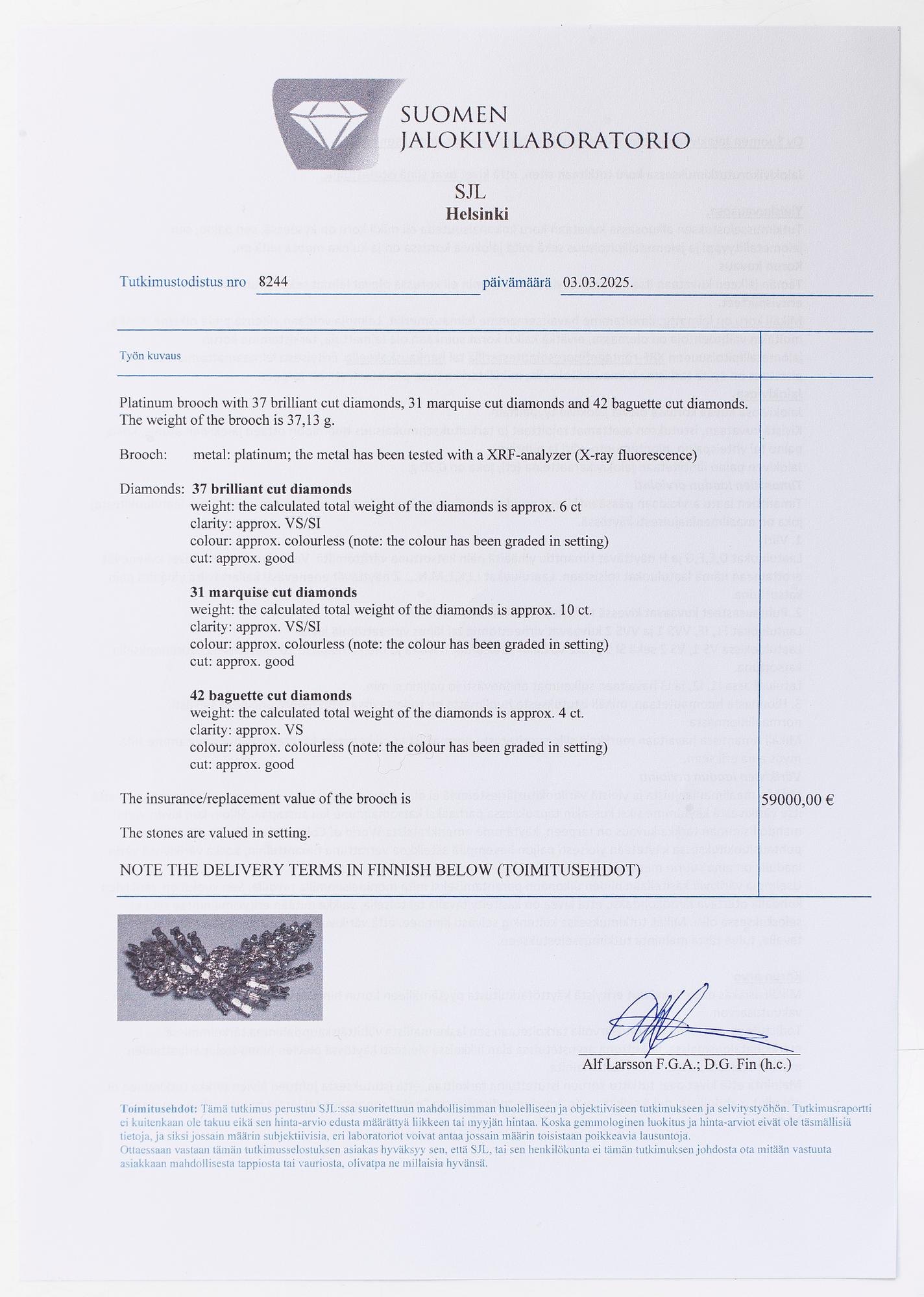 Rintaneula/ hiuskoru platinaa, navette-, briljantti- ja baguettihiottuja timantteja yht. noin 20.00 ct.