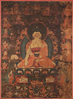 189. THANGKA, Shakyamuni Buddha med de aderton arhats, 1700-tal.