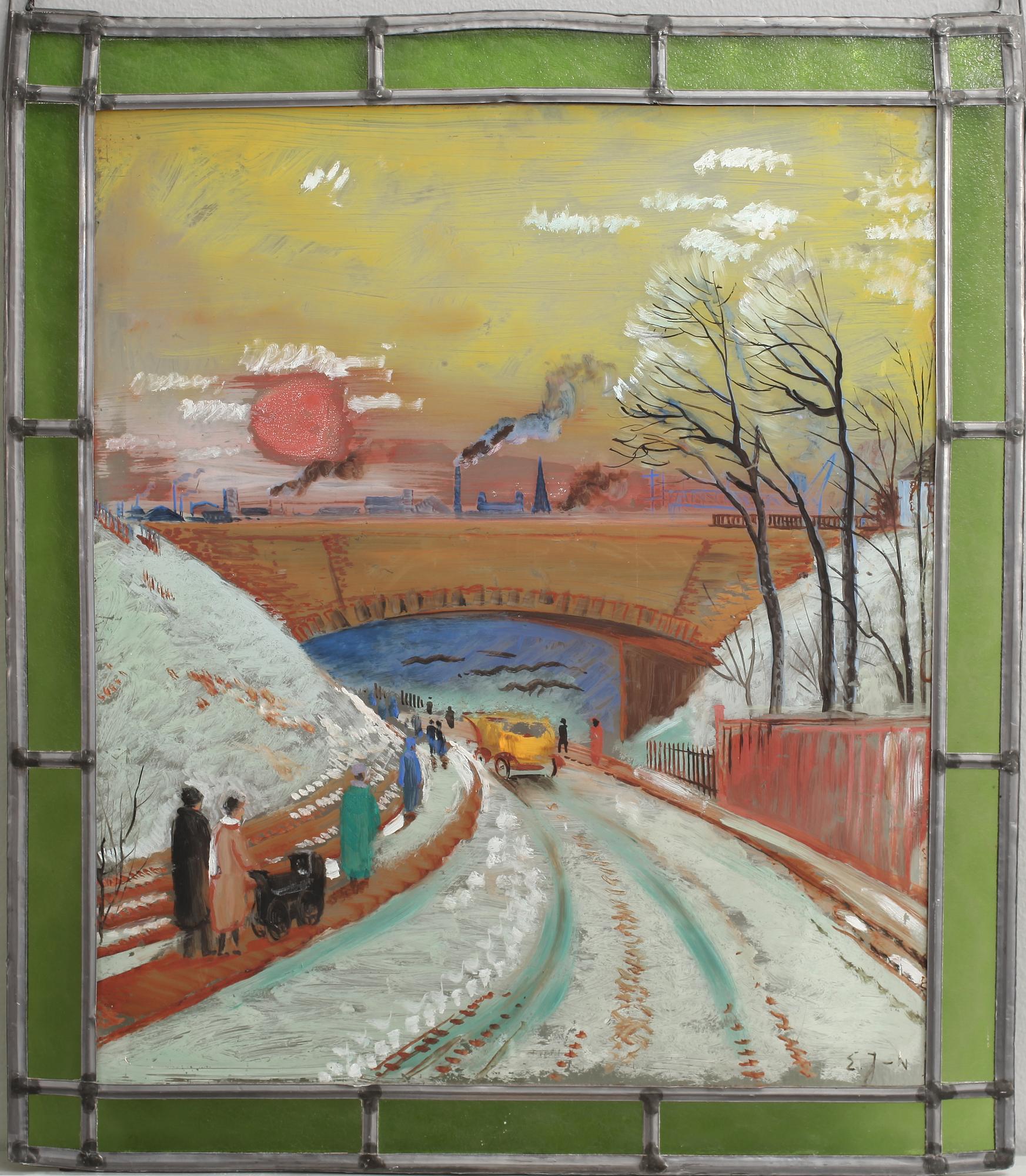 ERIK JÖNSSON, 2 st, bemålade blyfönster. Sign.