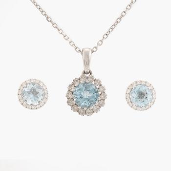 Blue topaz and brilliant cut diamond earrings and necklace.