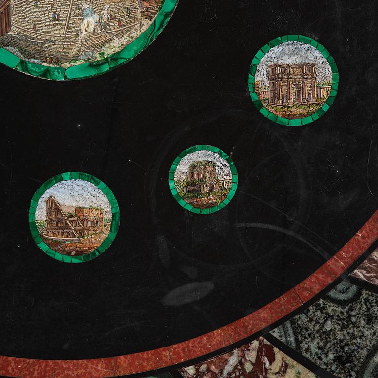 An Empire-style mahogany table with a pietre dure, micromosaic and specimen marble top, mid 19th century.
