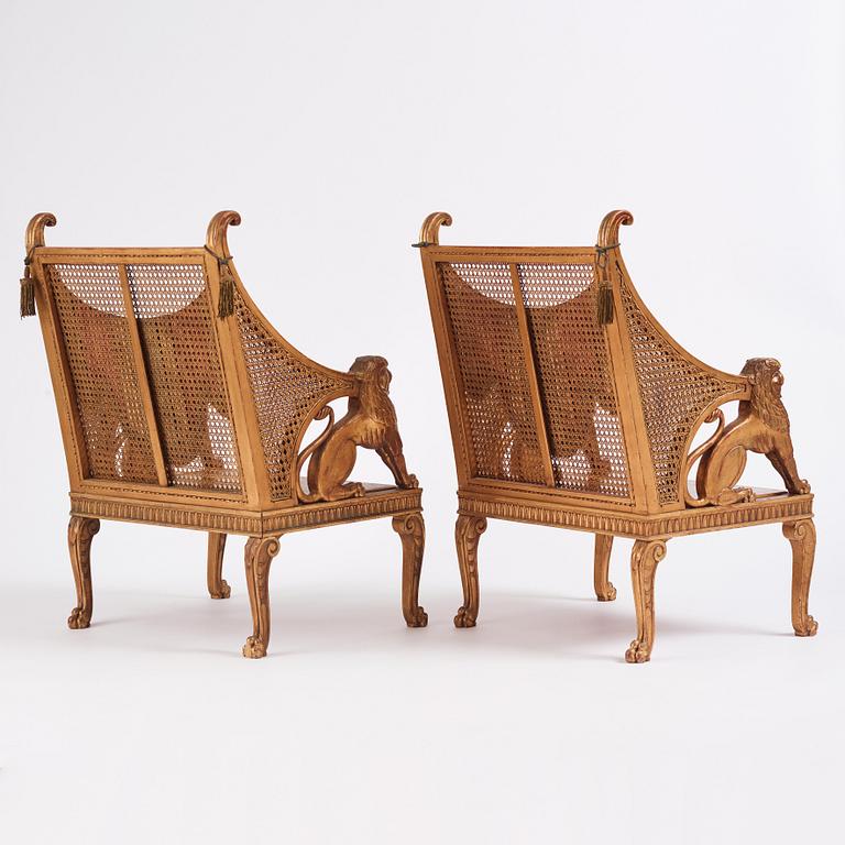 Helge Werner, a pair of gilt and carved Swedish Grace armchairs, ca 1920-30s.