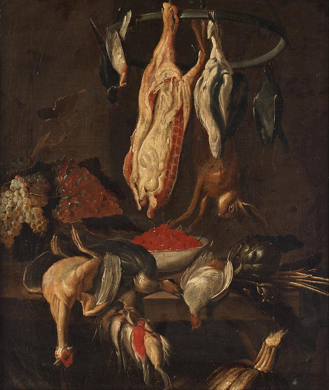 Dutch school 17th/18th Century. Still life with prey, dead birds and fruits.