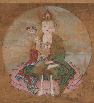 A Tibetan Thangka colour and ink on cloth laid on paper, 19th Century.