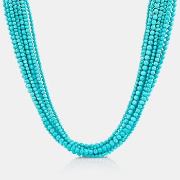 A 12-strand turquoise and wood necklace signed Trianon.