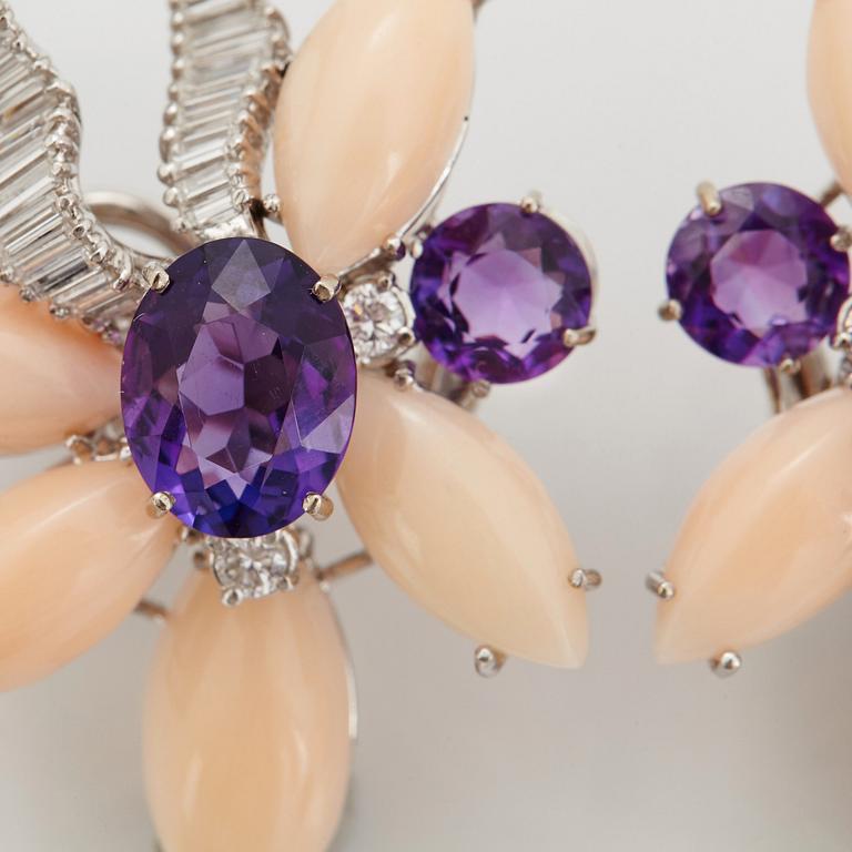 A pair of 18K white gold earrings set with faceted amethyst and coral.