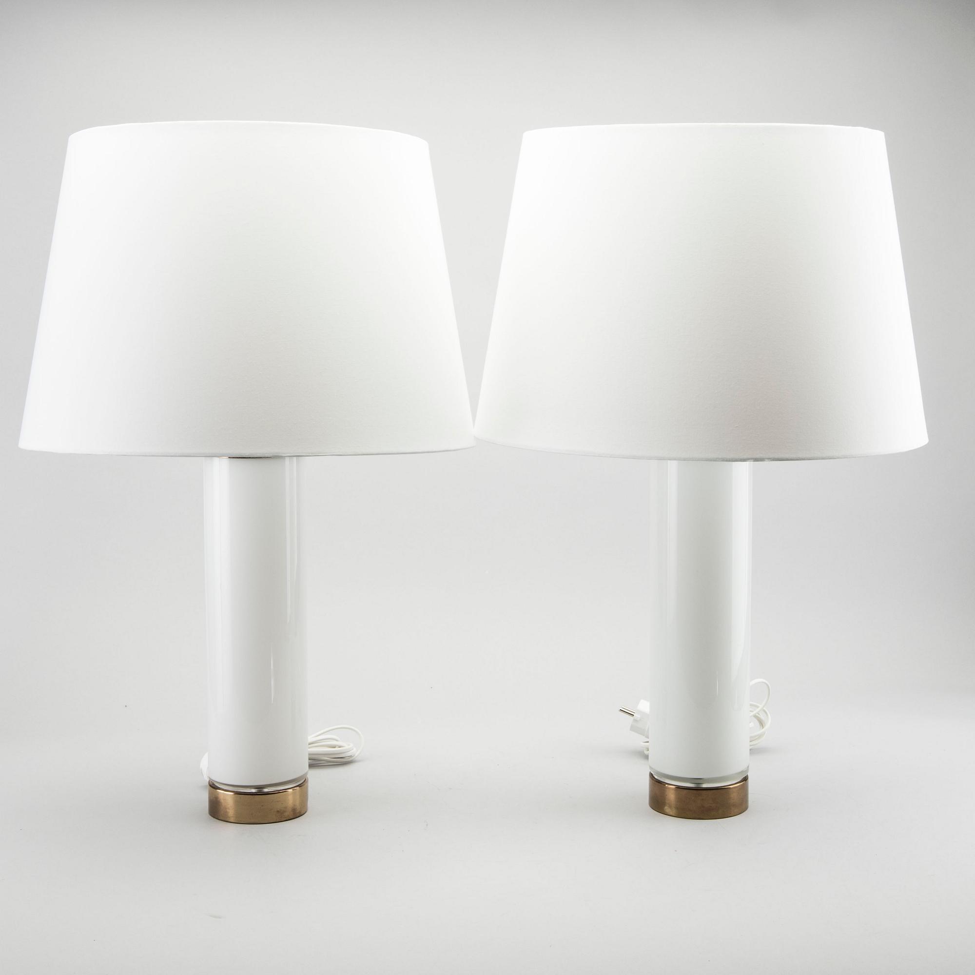 BERGBOMS, a pair of brass and white glass table lamps, model B 08, Sweden 1960'S.
