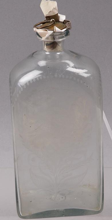 BRÄNNVINSFLASKA, glas, möjligen Cedersberg, dat 1827.