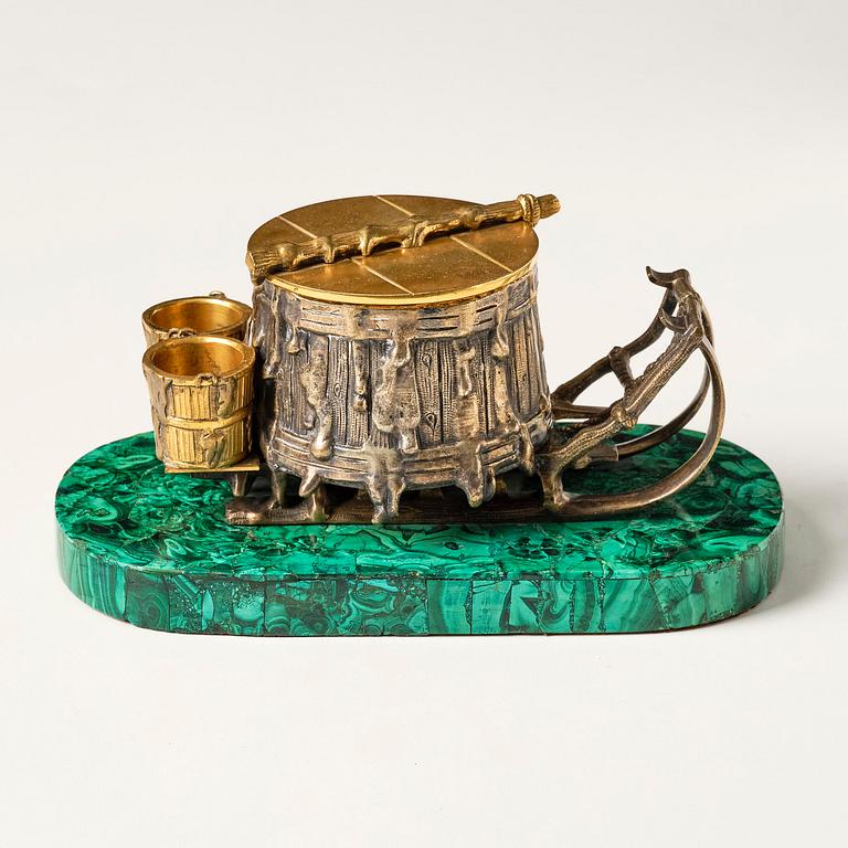 A Russian Alexander II malachite-veneered, silvered and gilt bronze inkwell, later part 19th century.