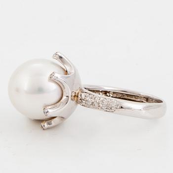 Cultured pearl and brilliant-cut diamond ring.