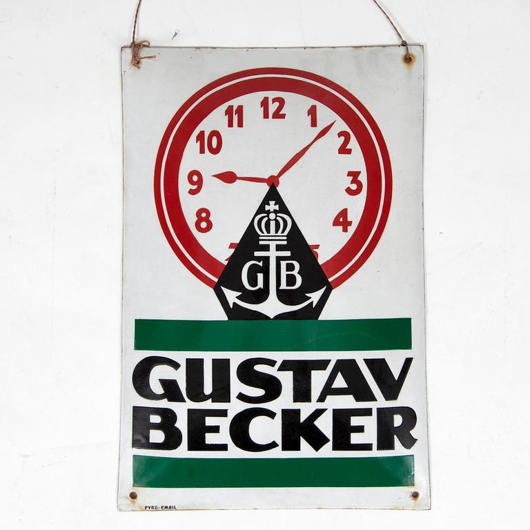 REKLAMSKYLT, plåt och emalj, "Gustav Becker" 1900-talets första hälft.