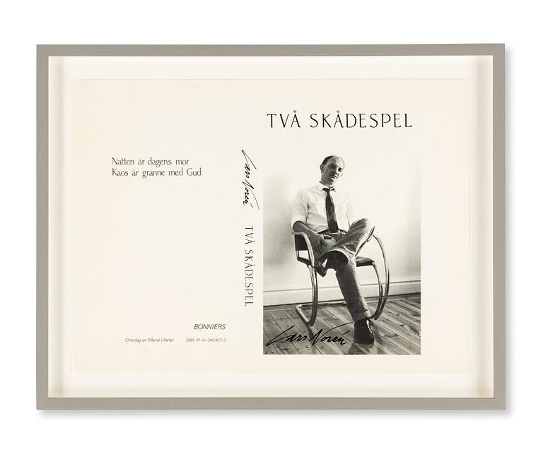 A framed book cover, trial proof, 'Två skådespel', by Lars Norén, published by Bonniers, Stockholm, 1983.