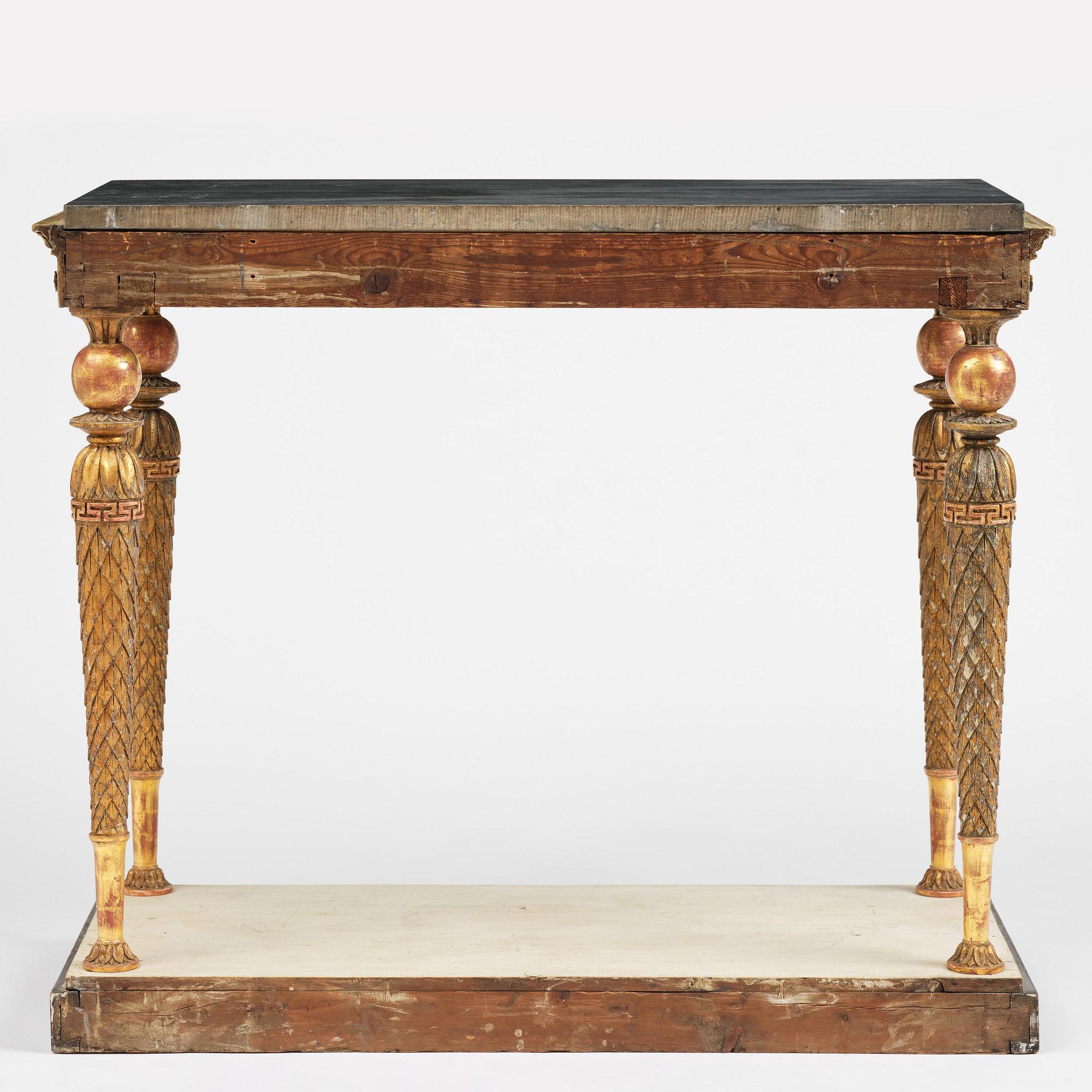 A late Gustavian giltwood console table in the manner of Jonas Frisk, Stockholm, circa 1800.